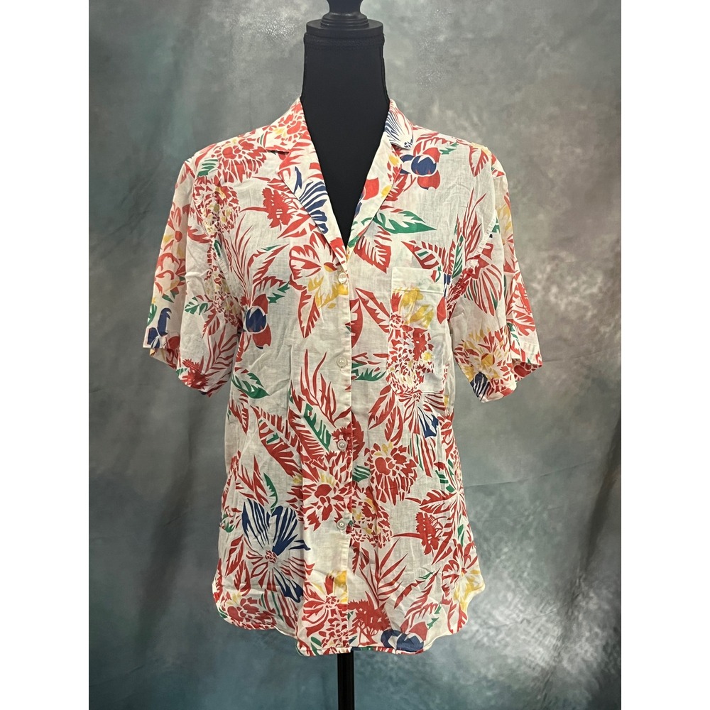 Christian Dior‎ Chemises Vintage Tropical Floral Cotton Button Down Shirt Red 10